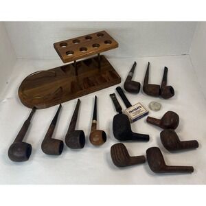 Assorted Lot Estate Tobacco Smoking Pipes/8 Pipe Wood Rack Needs Cleaned Read